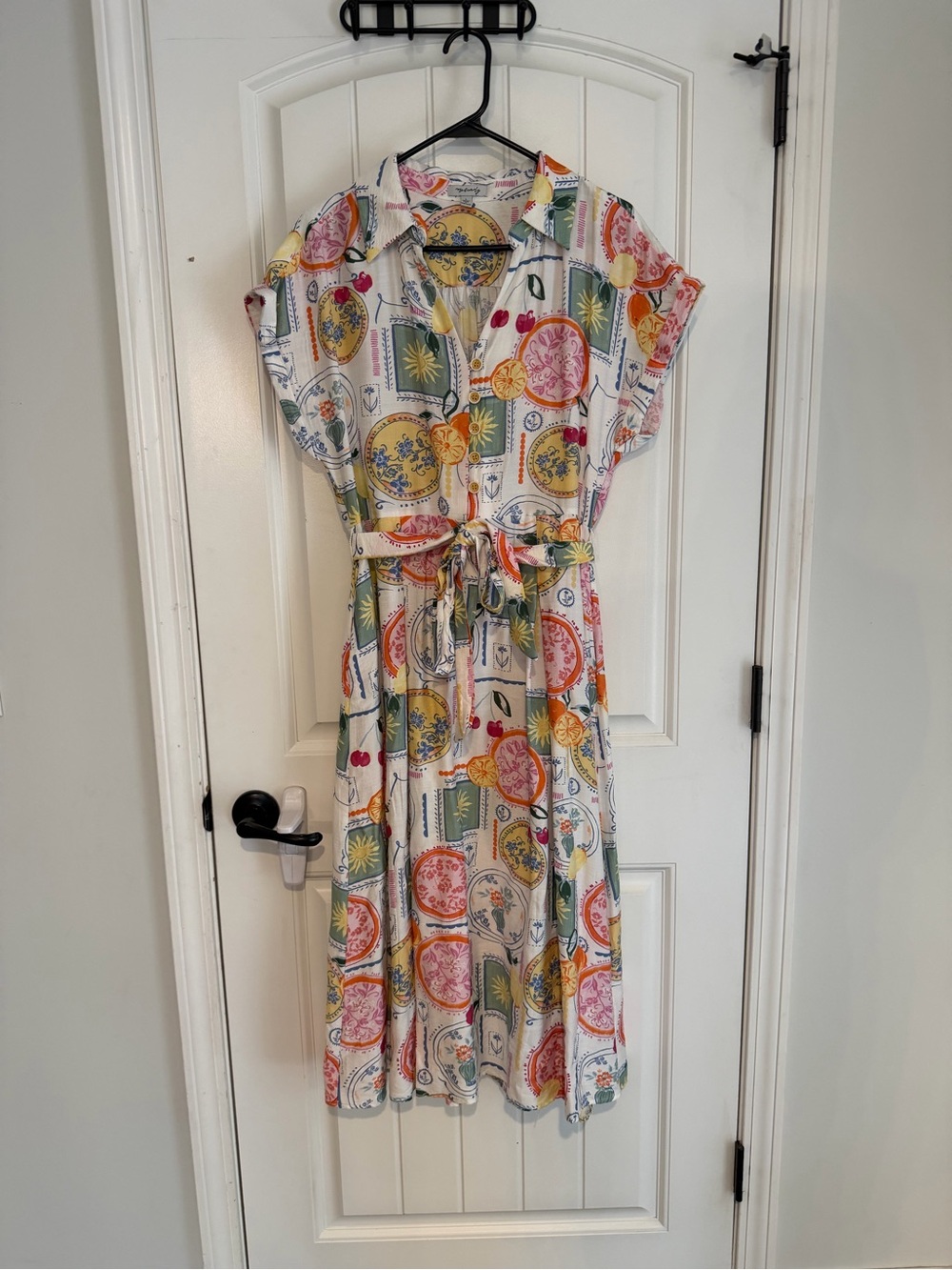 Breezy Multi-Color Printed Shirt Midi Dress with Tie Waist